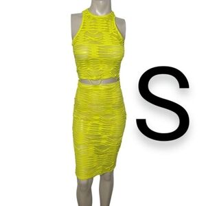🆕Neon Yellow Lime Mesh Distressed Textured Layered Top & Skirt 2 PC Set~Size S